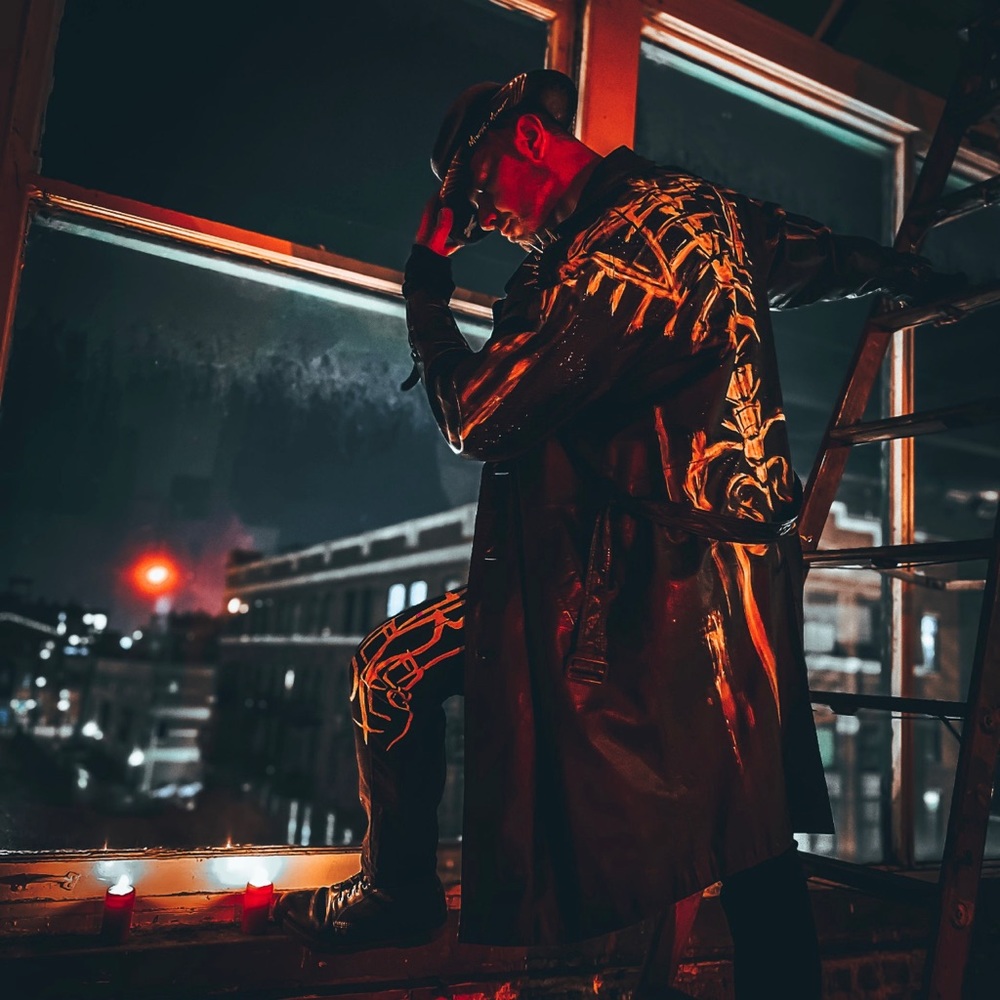 ‘X-Rated Vision’ Hand Painted Skeleton Spiked Leather Trench Coat
